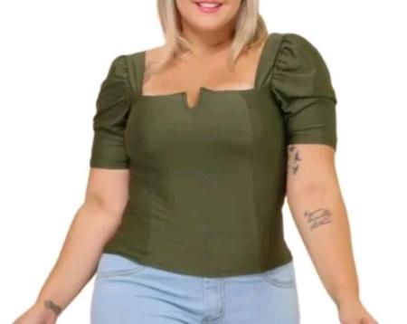 Imagem de Blusa cropped decote V manga curta bufante plus size poliéster moda gringa feminina