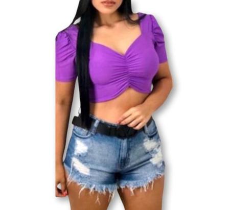 Imagem de Blusa cropped feminino decote drapeado manga bufante poliéster elegante