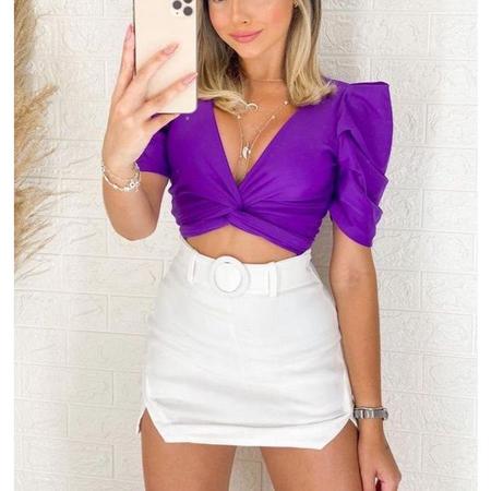 Imagem de Blusa Cropped feminino transpassada com bojo manga bufante poliéster fashion