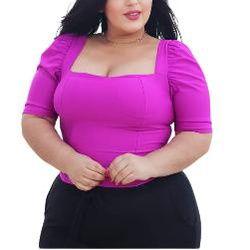 Imagem de Blusa Cropped manga curta princesa plus size decote reto roupa feminina