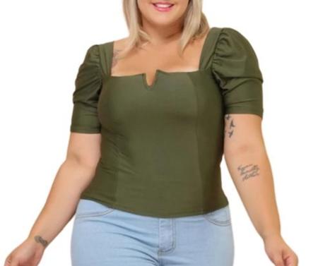 Imagem de Blusa Cropped plus size decote reto V bufante feminino elegante