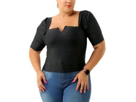 Imagem de Blusa Cropped plus size decote reto V bufante feminino elegante