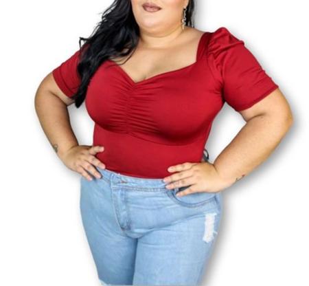 Imagem de Blusa Cropped plus size manga bufante decote drapeado poliester moda feminina