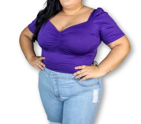 Imagem de Blusa Cropped plus size manga bufante decote drapeado poliester moda feminina