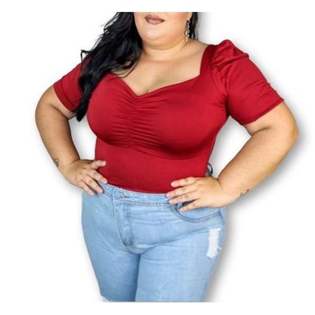 Imagem de Blusa cropped pluss size manga bufante decote drapeado poliéster feminina