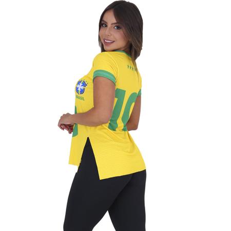 Imagem de Blusa Dry Fit Feminina Brasil Copa Tapa Bumbum Seleção Verde e Amarelo