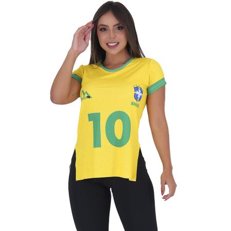 Imagem de Blusa Dry Fit Feminina Brasil Copa Tapa Bumbum Seleção Verde e Amarelo