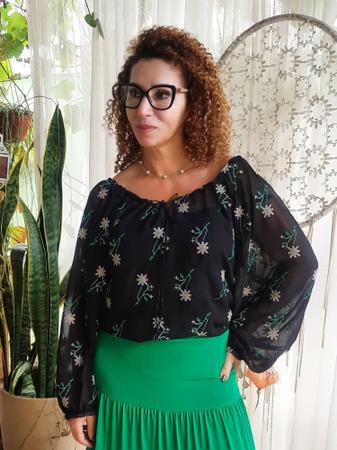 Blusa em musseline de seda bordada Sonia Rose Malveira