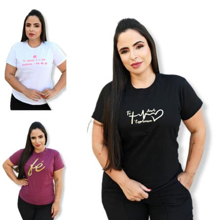 Imagem de Blusa Feminina Atacado Kit 3 Blusinhas Frases Evangélicas