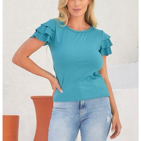 Imagem de Blusa feminina canelada gola rasa manga babado casual elegante