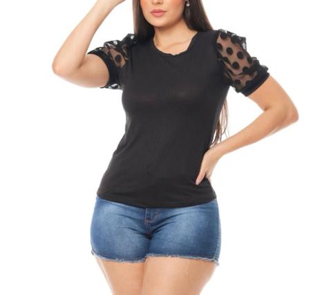 Blusa feminina canelada gola rasa manga curta em tule princesa moda fashion - Filo Modas Imagem de Blusa feminina canelada gola rasa manga curta em tule princesa moda fashion