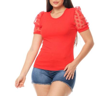 Blusa feminina canelada gola rasa manga curta em tule princesa moda fashion - Filo Modas Imagem de Blusa feminina canelada gola rasa manga curta em tule princesa moda fashion
