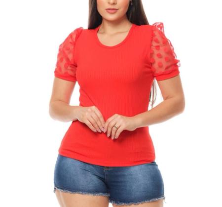 Blusa feminina canelada gola rasa manga curta em tule princesa moda fashion - Filo Modas Imagem de Blusa feminina canelada gola rasa manga curta em tule princesa moda fashion