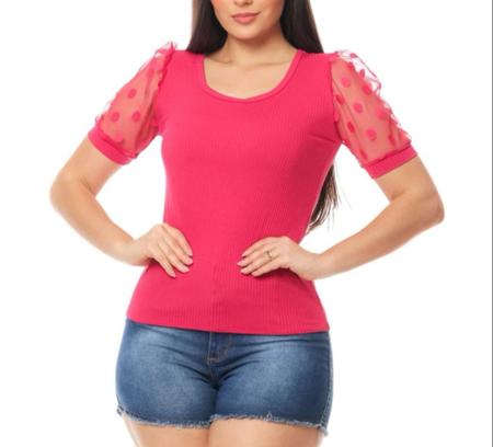 Blusa feminina canelada gola rasa manga curta em tule princesa moda fashion - Filo Modas Imagem de Blusa feminina canelada gola rasa manga curta em tule princesa moda fashion