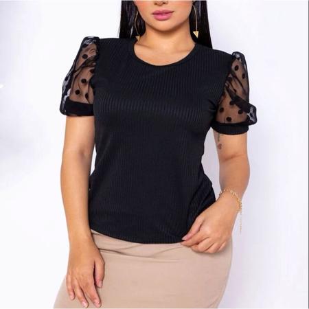 Blusa feminina canelada gola rasa manga curta tule poa roupas