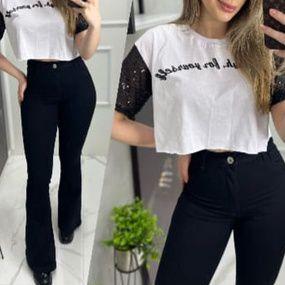 Imagem de Blusa feminina cropped tshirt  manga paete fashion moda