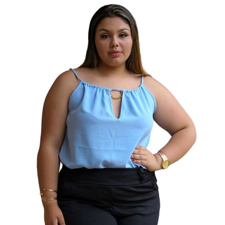 Imagem de Blusa feminina decote V detalhe de corrente dourada costas em V regata casual alças finas de amarração nas costas duna liso slim e plus size 40 ao 54