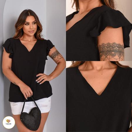 Imagem de Blusa Feminina Duna com Decote V e Mangas Curtas com Babados Social Elegante Tamanho G