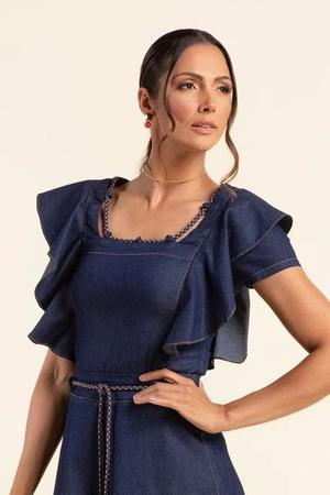 Imagem de Blusa feminina Jeans Babados Decote Com Cordão