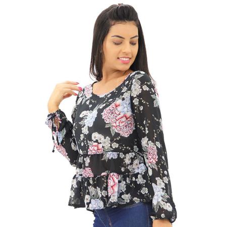 Imagem de Blusa Feminina Manga Longa Com Babado Florida Estampada