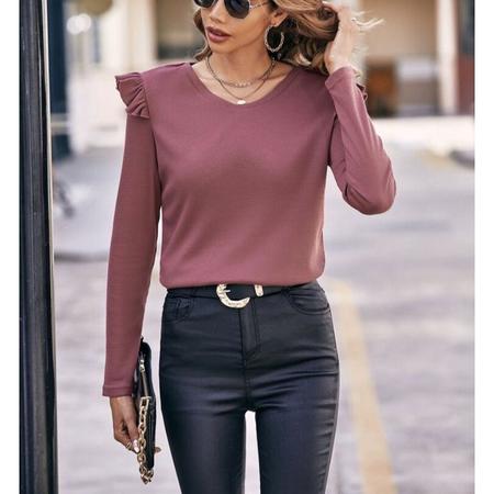 Blusa feminina manga longa ombreira babado malha canelada Fil