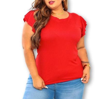 Imagem de Blusa feminina plus size canelada gola rasa manga 2 babados moda blogueira