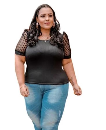 Imagem de Blusa feminina plus size manga curta tule poá diversos gola rasa moda exclusiva