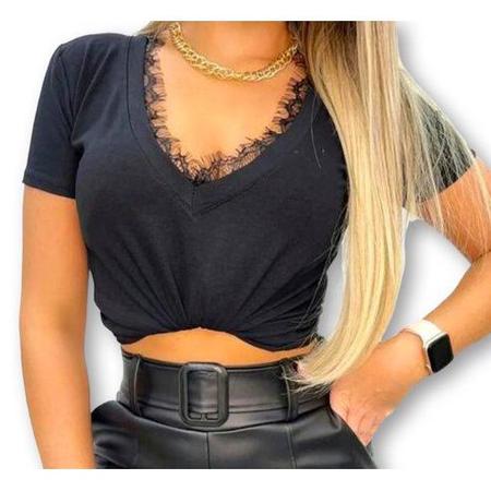 Imagem de Blusa feminina viscolycra renda no decote manga curta moda confortável