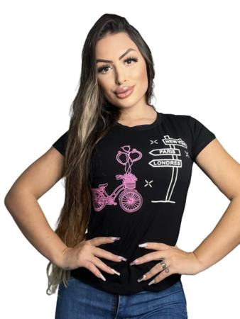 Blusa T-shirt Roupa Feminina Estampa No Tecido Bicicleta - Yasmim Imagem de Blusa T-shirt Roupa Feminina Estampa No Tecido Bicicleta