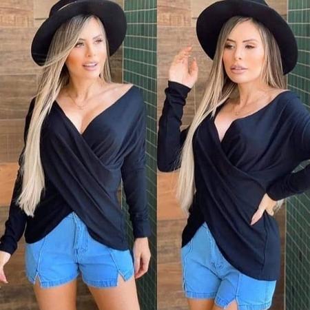 Blusa transpassada na frente viscolaycra manga comprida feminina