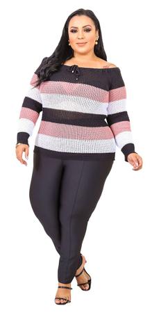 Imagem de Blusa Tricot Plus Size Feminina Frio Listras Moda Inverno