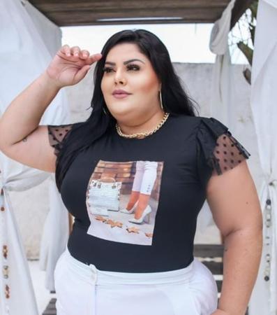 Imagem de Blusa tshirt plus size manga curta dois babados tule poá diversas estampas gringa