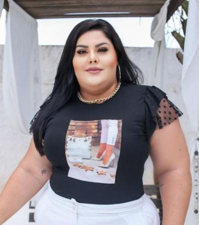 Blusa tshirt plus size manga curta dois babados tule poá diversas estampas gringa - Filó Modas Imagem de Blusa tshirt plus size manga curta dois babados tule poá diversas estampas gringa