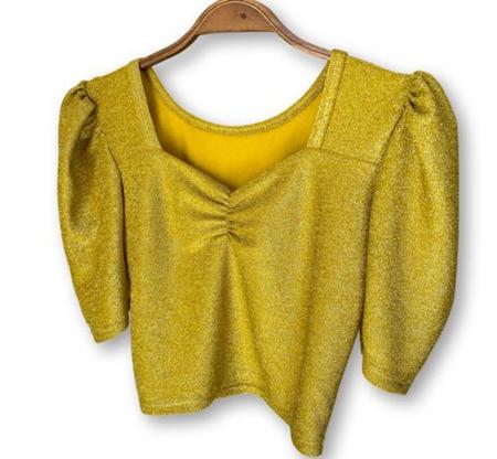 blusinha cropped lurex manga princesa feminino decote drapeado fashion - filó modas Imagem de blusinha cropped lurex manga princesa feminino decote drapeado fashion