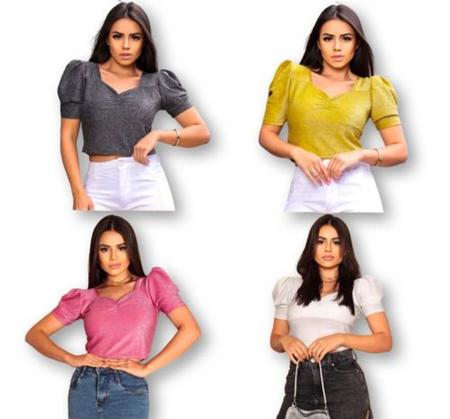 blusinha cropped lurex manga princesa feminino decote drapeado fashion - filó modas Imagem de blusinha cropped lurex manga princesa feminino decote drapeado fashion