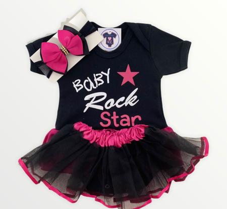 Imagem de Body Bebe Menina Rock Star + Laço + Saia Tule - Temático Mesversário