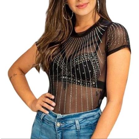 Body blusa feminino tule strass manga curta fashion - Filó Modas