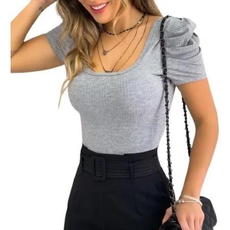 Imagem de Body feminino canelado com bojo manga curta bufante gola redonda moda estilo