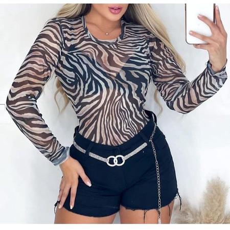 Imagem de Body feminino tule manga longa zebra moda feminina