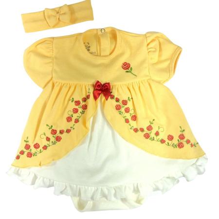 Imagem de Body vestido bebê fantasia manga curta franzida amarelo bordado princesa bela e a fera com faixa de cabelo