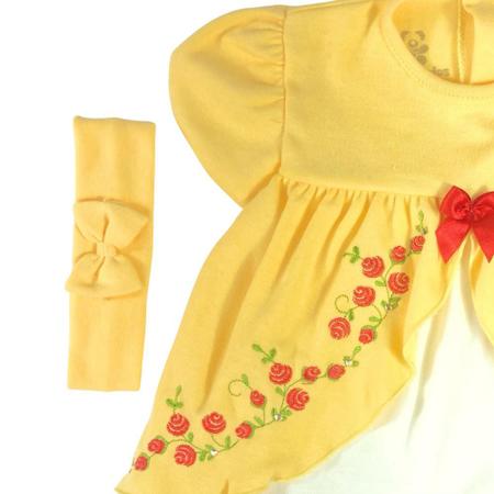 Imagem de Body vestido bebê fantasia manga curta franzida amarelo bordado princesa bela e a fera com faixa de cabelo