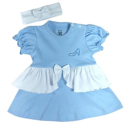 Imagem de Body vestido bebê fantasia manga curta franzida azul e branco bordado princesa cinderela com faixa de cabelo