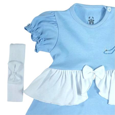 Imagem de Body vestido bebê fantasia manga curta franzida azul e branco bordado princesa cinderela com faixa de cabelo