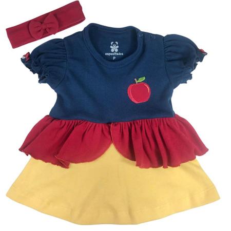 Imagem de Body vestido bebê fantasia manga curta franzida azul vermelho e amarelo branca de neve com faixa de cabel