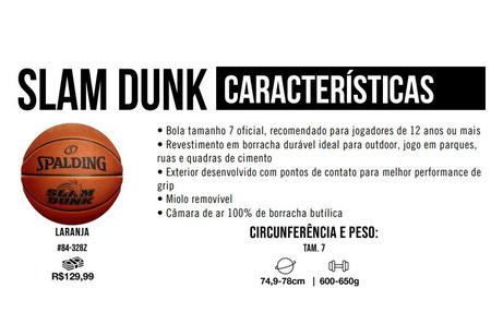 Bola de Basquete Spalding Slam Dunk Tam 7 Borracha Laranja 