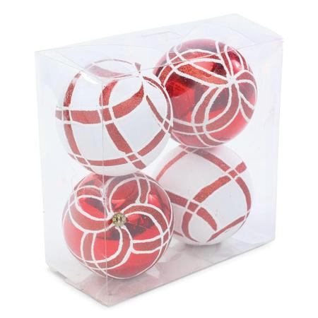 Jogo 2 Bolas Decorada Vermelho com Brilho e Branco 10cm Natal