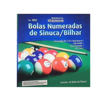 Jogo Bola De Bilhar / Sinuca Numeradas Faixadas 52mm - Western - Bolas de  Sinuca / Bilhar - Magazine Luiza