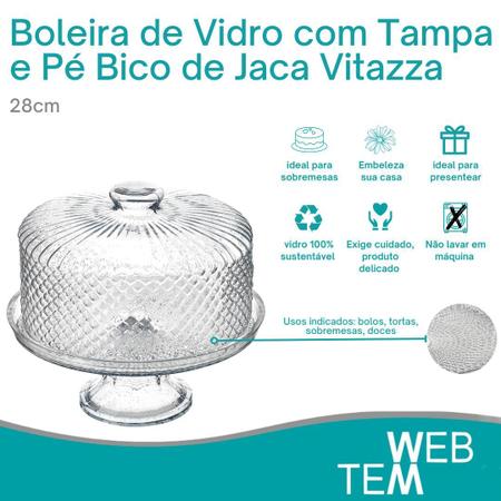 Imagem de Boleira de Vidro com Pé e Tampa Bico de Jaca Vitazza Prato 28cm para Bolo, Doce, Sobremesa, Decoração, Organização, Mesa Posta Elegante e Sustentável