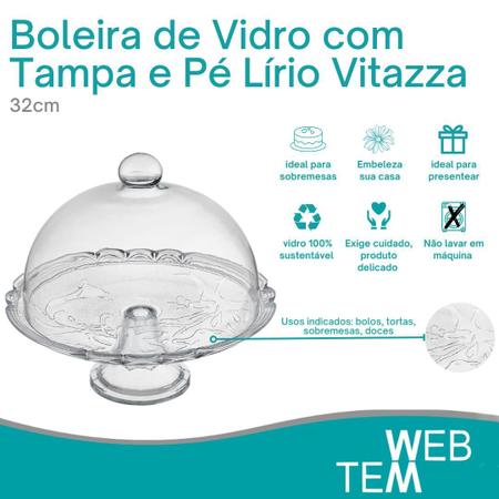 Imagem de Boleira de Vidro com Pé e Tampa Lírio Vitazza Prato 32cm para Bolo, Doce, Sobremesa, Decoração, Organização, Mesa Posta Elegante e Sustentável