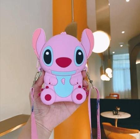 Imagem de Bolsa Infantil Silicone Alça Regulável Mini Bolsinha Lilo Stitch Angel com Ziper Porta Moedas Acessórios- Rosa